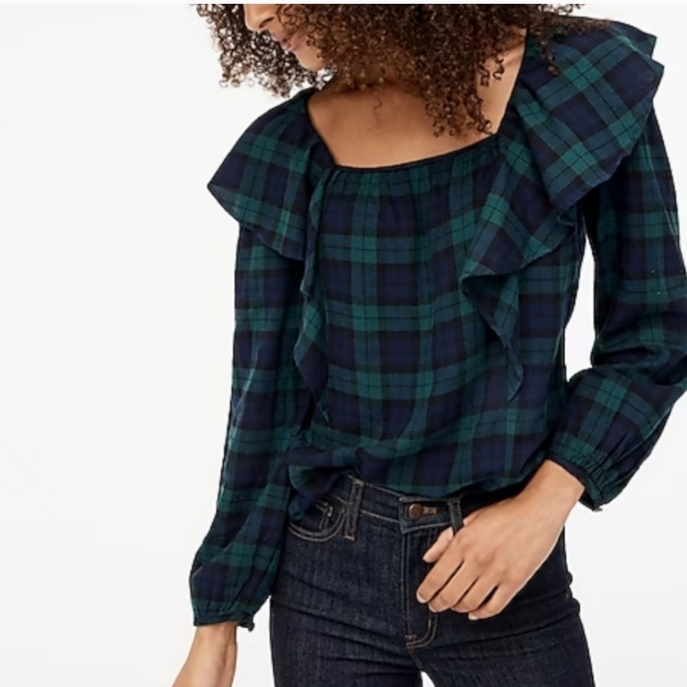 J.Crew Flannel Squareneck Ruffle Top Size‎ Large